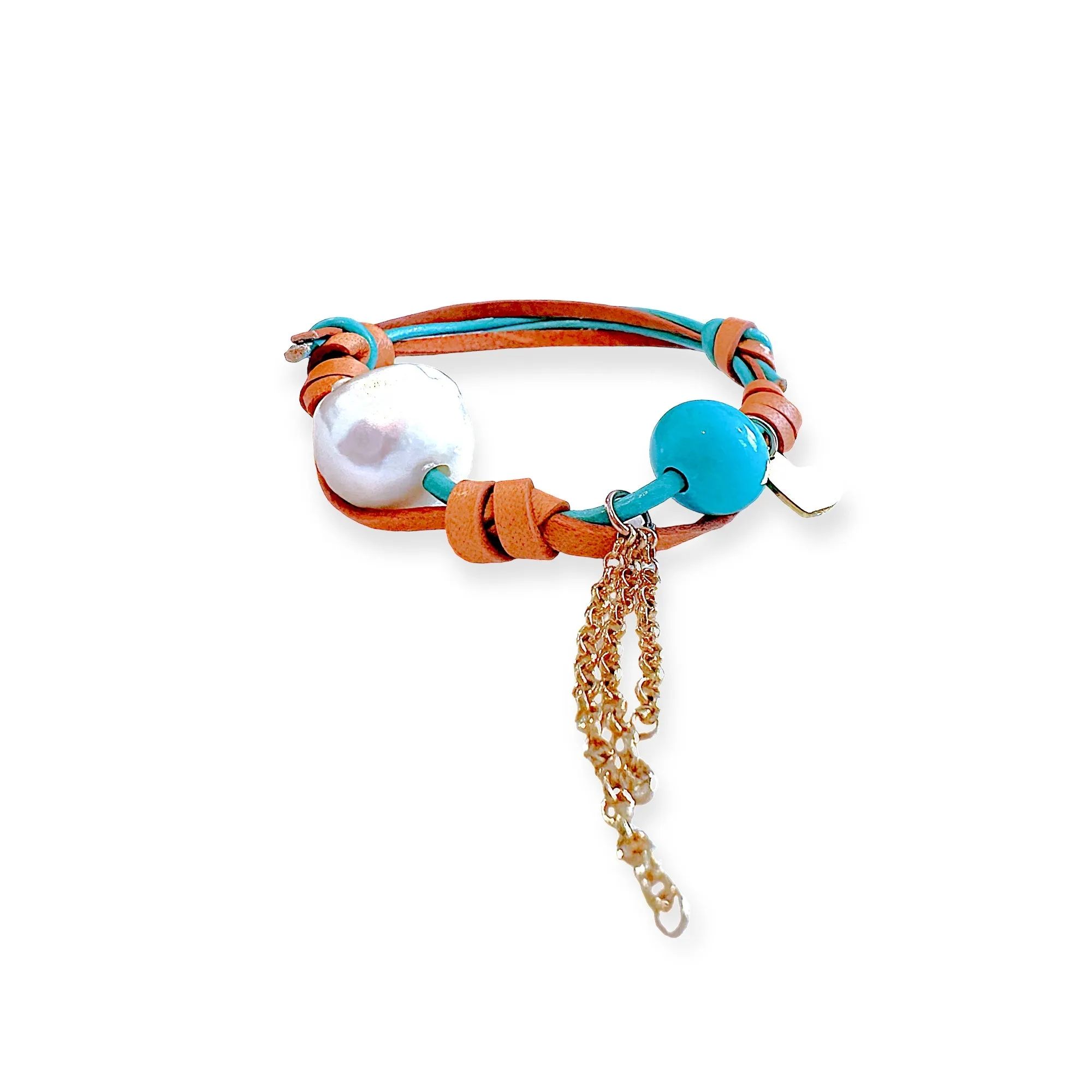 Turquoise Beach Pearl Gold Heart Chain Rocker Bracelet
