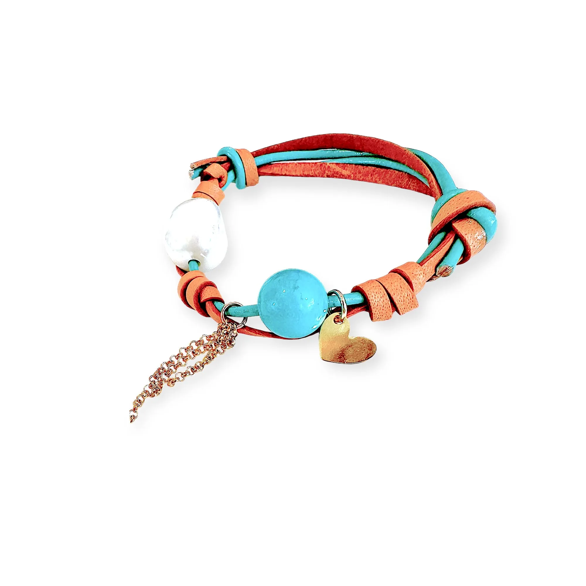 Turquoise Beach Pearl Gold Heart Chain Rocker Bracelet