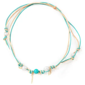 Turquoise Sand Pearl Rocker Gold Moon, Star and Chain Leather Necklace