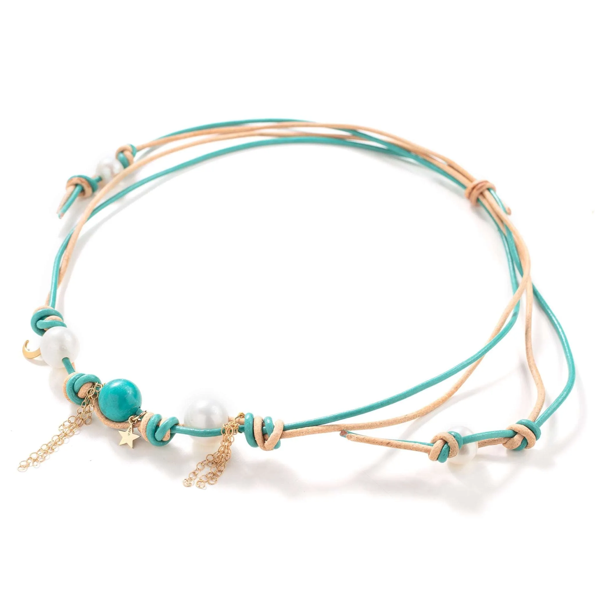 Turquoise Sand Pearl Rocker Gold Moon, Star and Chain Leather Necklace