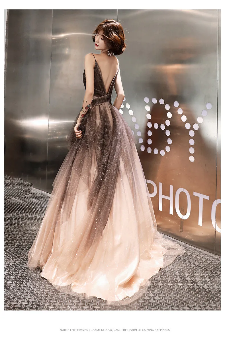 Unique Tulle V-neckline Straps A-line Gradient Party Dress, Tulle Long Evening Dress Prom Dress