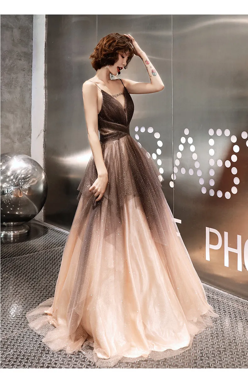 Unique Tulle V-neckline Straps A-line Gradient Party Dress, Tulle Long Evening Dress Prom Dress