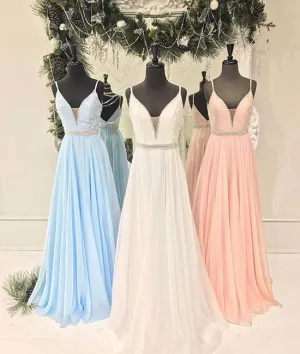 v neck chiffon sequin long prom dress, cute formal dress