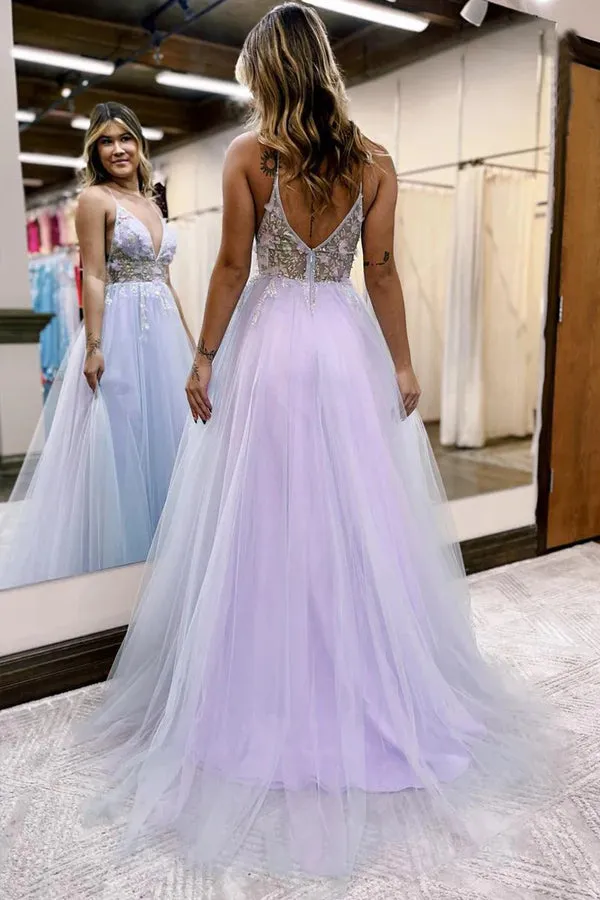 V-Neck Spaghetti Straps A-Line Slit Tulle Formal Prom Dress  TP1292