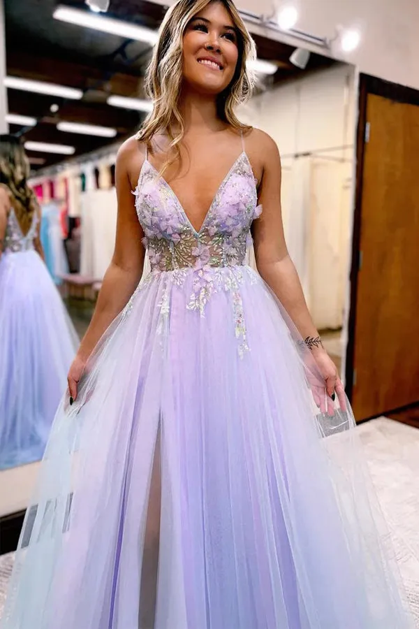 V-Neck Spaghetti Straps A-Line Slit Tulle Formal Prom Dress  TP1292