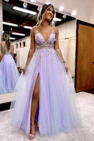 V-Neck Spaghetti Straps A-Line Slit Tulle Formal Prom Dress  TP1292