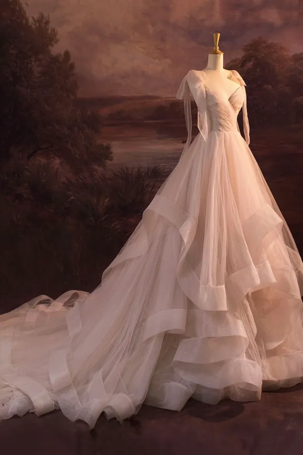 V Neck Tulle Long Ball Gown, A Line Formal Evening Gown APP0892