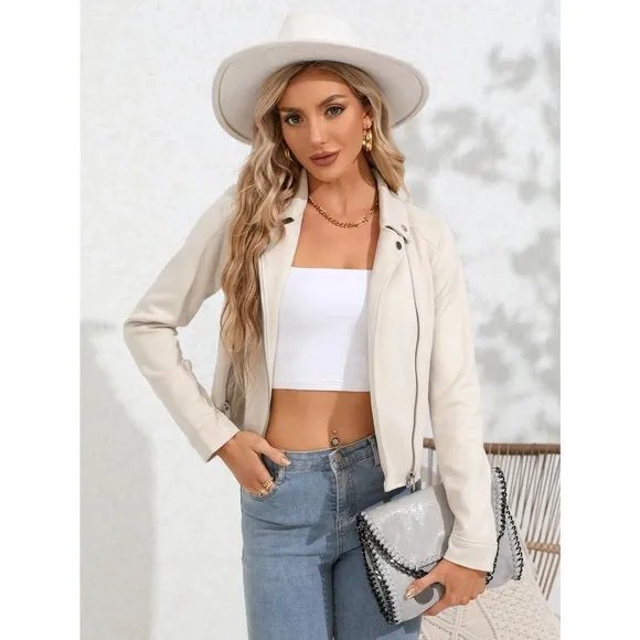 vegan suede Zip Up Solid Moto Jacket camel brown tan