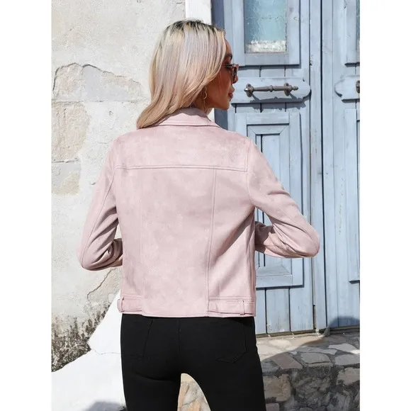 vegan suede Zip Up Solid Moto Jacket camel brown tan