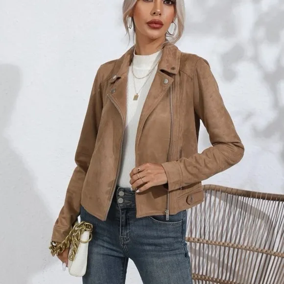 vegan suede Zip Up Solid Moto Jacket camel brown tan