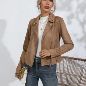 vegan suede Zip Up Solid Moto Jacket camel brown tan