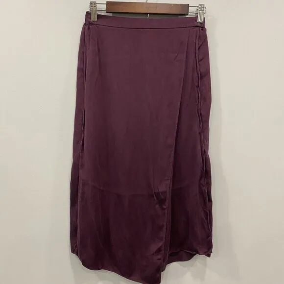 VINCE S 100% Silk Panel Drape Asymmetric Midi Merlot Wine Pull On Skirt Classic