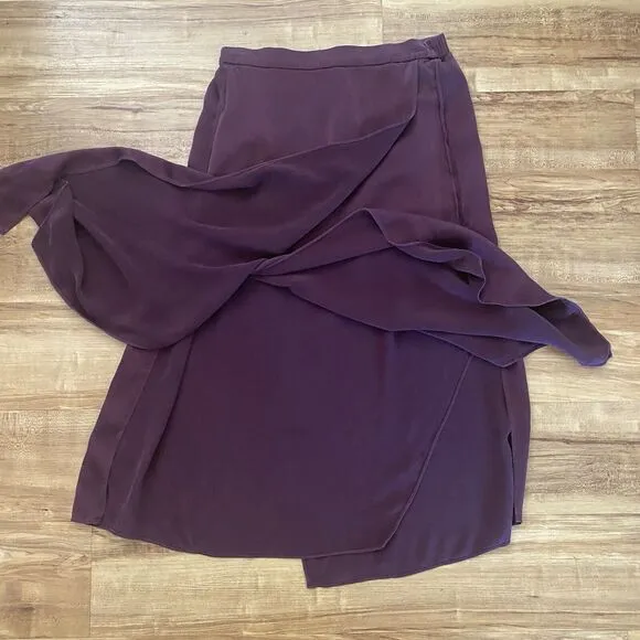VINCE S 100% Silk Panel Drape Asymmetric Midi Merlot Wine Pull On Skirt Classic