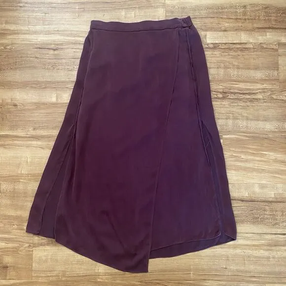 VINCE S 100% Silk Panel Drape Asymmetric Midi Merlot Wine Pull On Skirt Classic