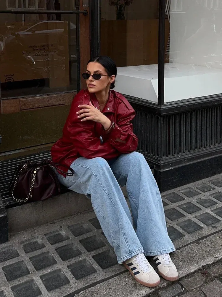 Vintage Burgundy Lapel Leather Jacket
