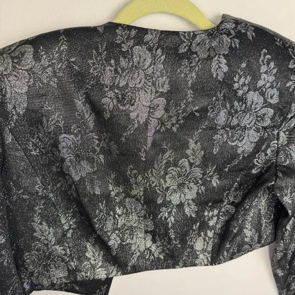 Vintage Marie St. Claire Silver Metallic Floral Shoulder Pad Cropped Blazer Sz 6