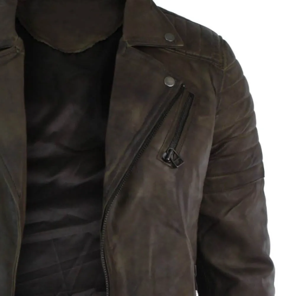 Vintage Retro Cross Zip Brando Distressed Brown Leather Jacket Mens