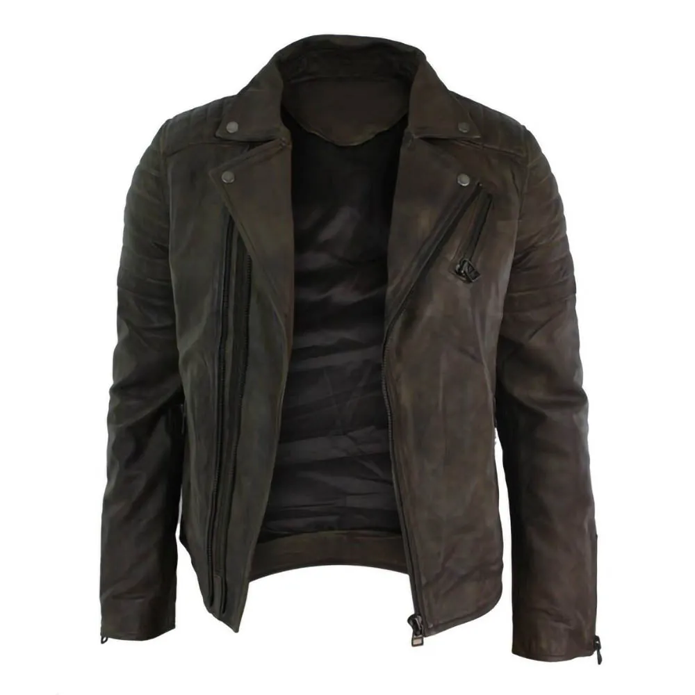 Vintage Retro Cross Zip Brando Distressed Brown Leather Jacket Mens