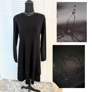 Vtg Liz Claiborne Wool Dress Women's L 90s A-line Black Beaded Chic Swing Y2K