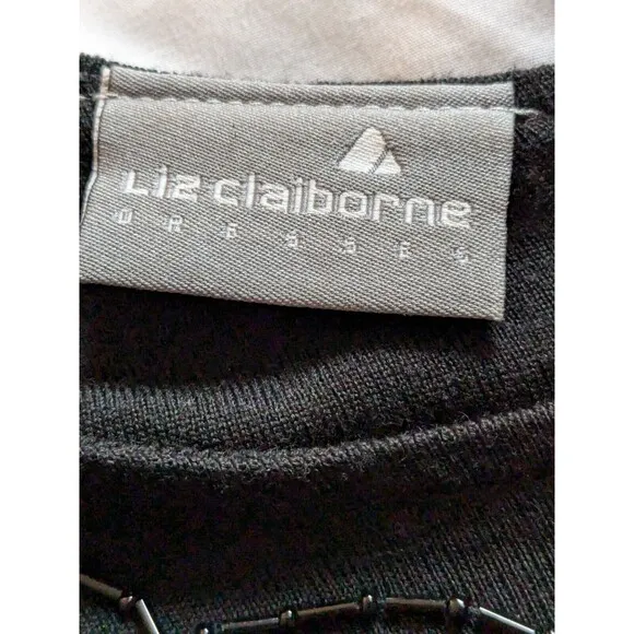 Vtg Liz Claiborne Wool Dress Women's L 90s A-line Black Beaded Chic Swing Y2K