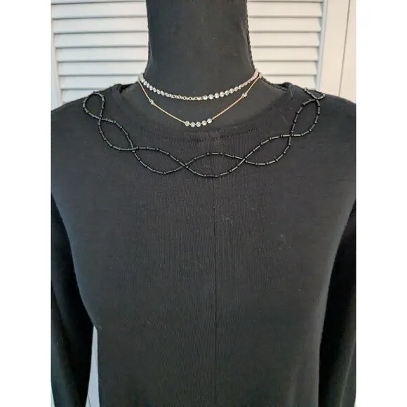 Vtg Liz Claiborne Wool Dress Women's L 90s A-line Black Beaded Chic Swing Y2K