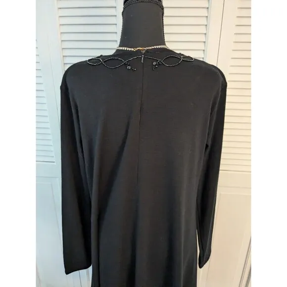 Vtg Liz Claiborne Wool Dress Women's L 90s A-line Black Beaded Chic Swing Y2K