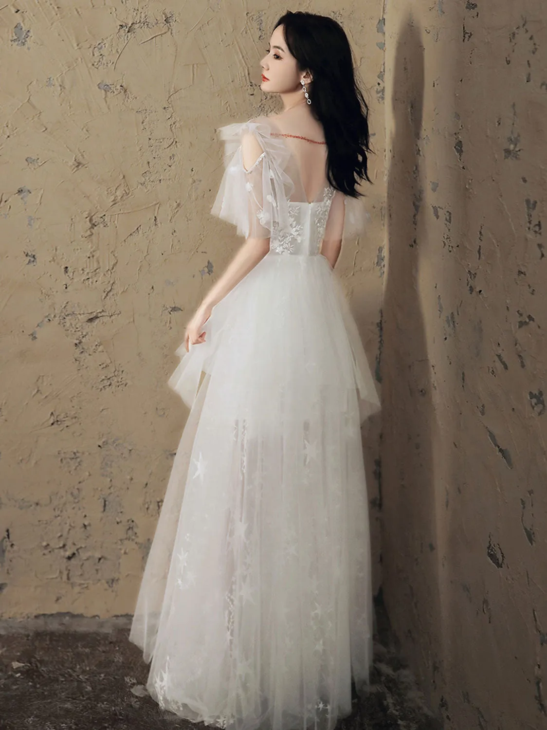 White A line tulle lace long prom dress white lace formal dress