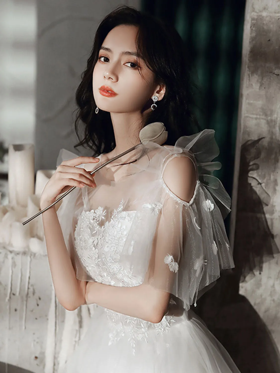 White A line tulle lace long prom dress white lace formal dress
