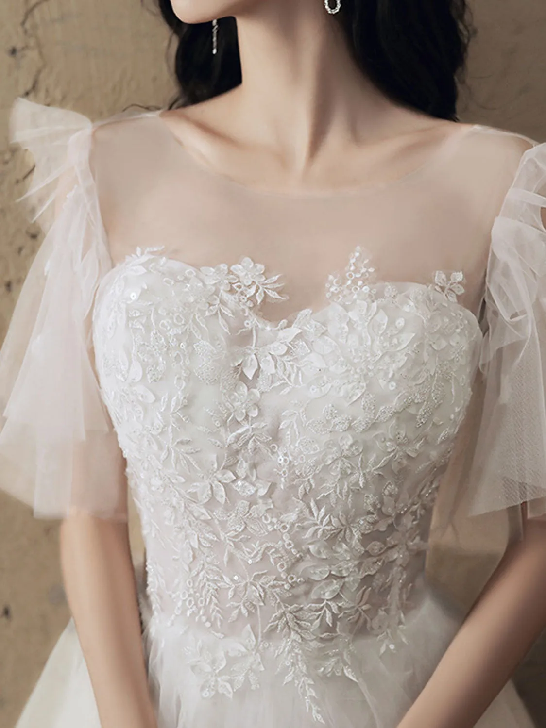 White A line tulle lace long prom dress white lace formal dress