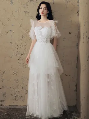 White A line tulle lace long prom dress white lace formal dress