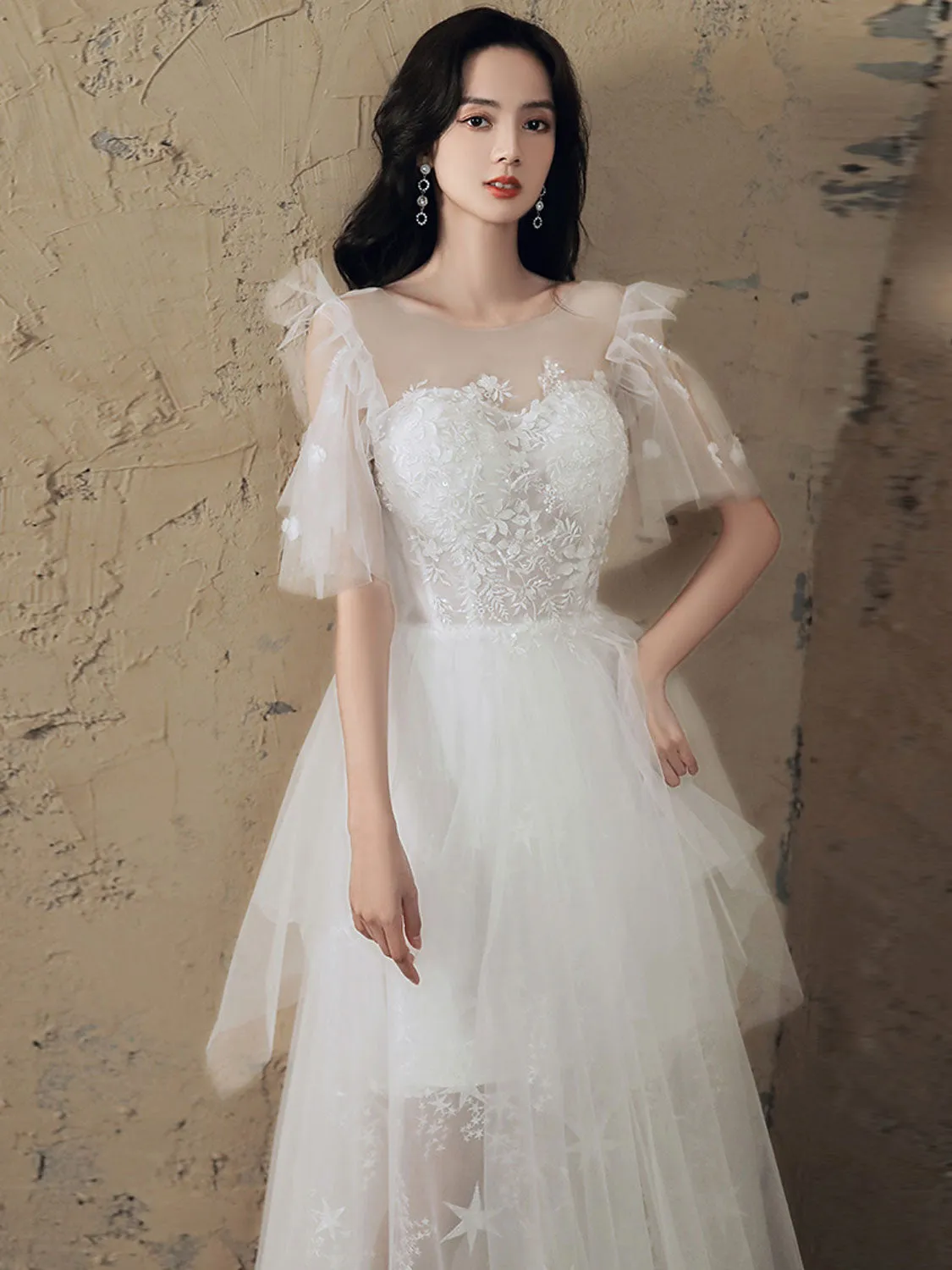 White A line tulle lace long prom dress white lace formal dress