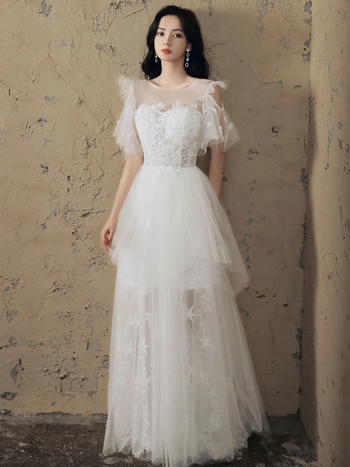 White A line tulle lace long prom dress white lace formal dress