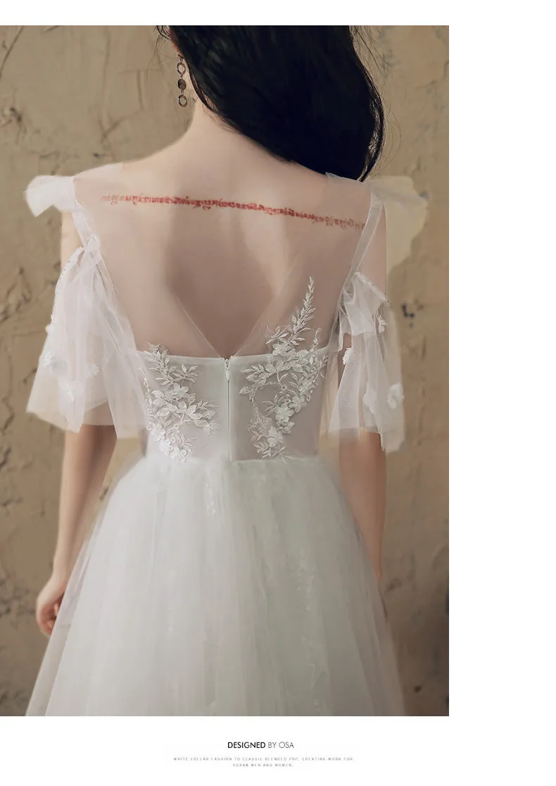 White A line tulle lace long prom dress white lace formal dress