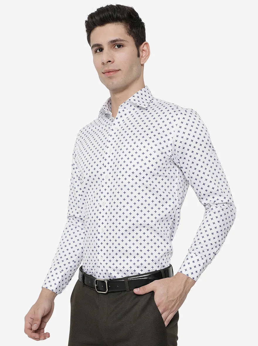 White & Blue Printed Slim Fit Formal Shirt | Metal
