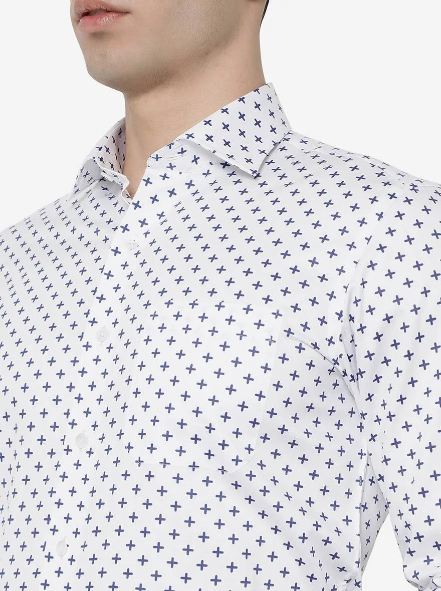 White & Blue Printed Slim Fit Formal Shirt | Metal