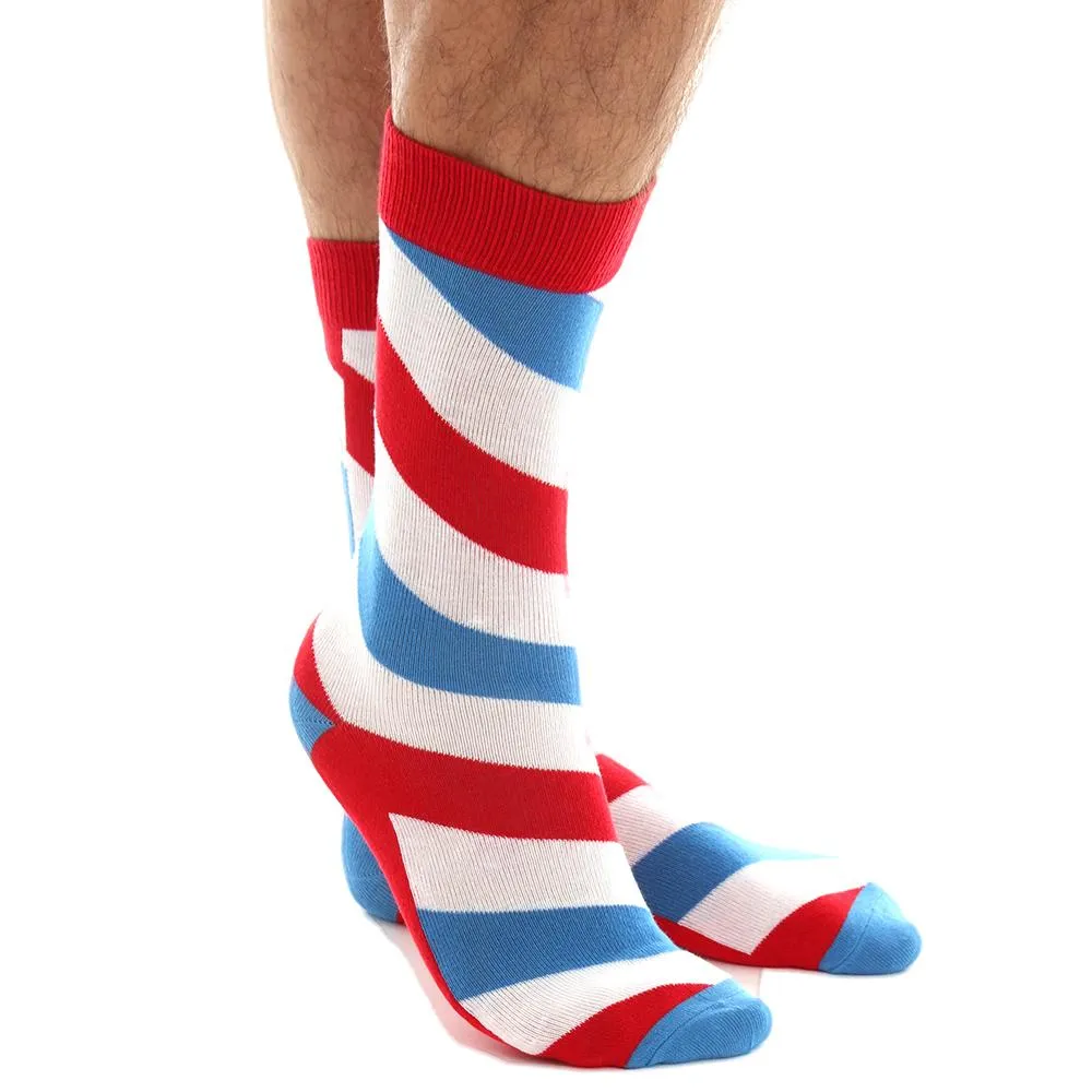 White Blue Red Stripe Mens Colorful Crew Socks - Premium Cotton Fun socks with Soft Elastic