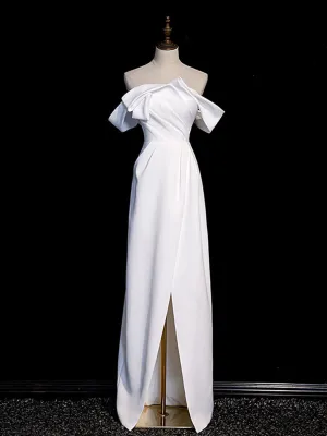 White off shoulder satin long prom dress white formal dress