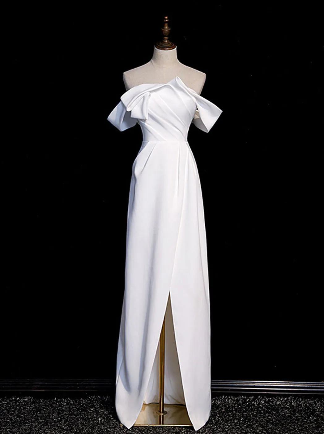White off shoulder satin long prom dress white formal dress