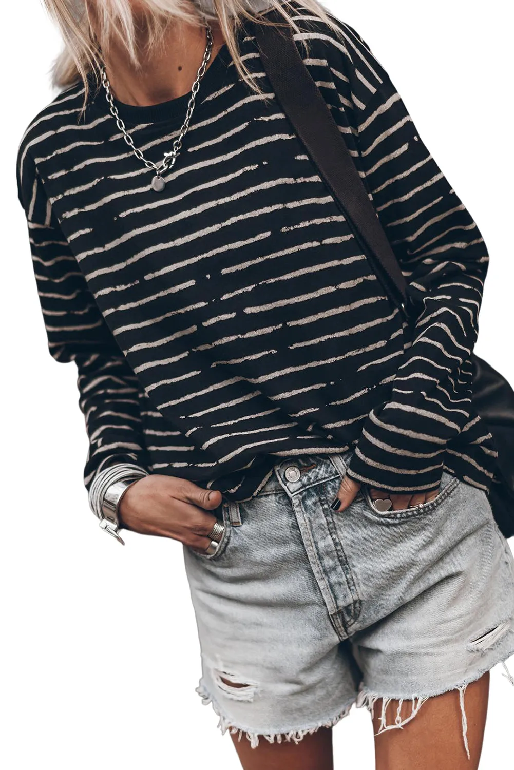 White Retro Striped Casual Long Sleeve Top