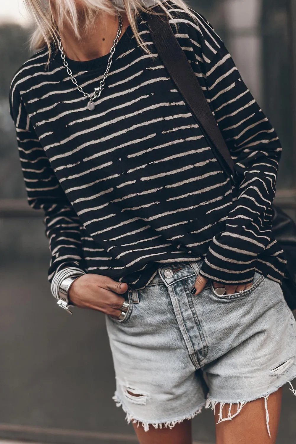 White Retro Striped Casual Long Sleeve Top