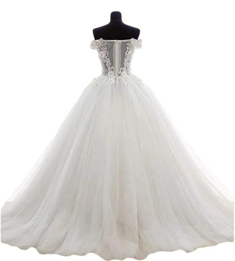 White Tulle and Lace Applique Off Shoulder Wedding Gown, Beautiful Sweet 16 Dresses