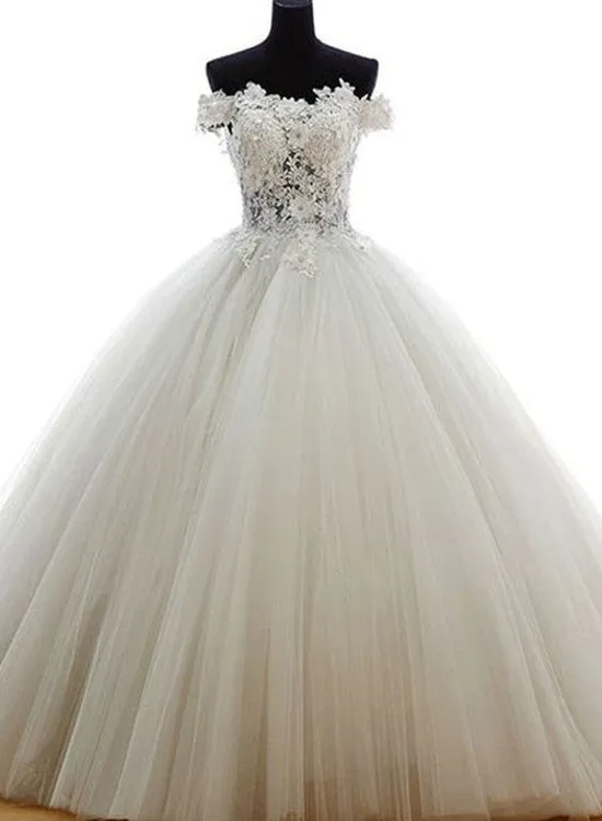 White Tulle and Lace Applique Off Shoulder Wedding Gown, Beautiful Sweet 16 Dresses