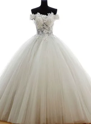 White Tulle and Lace Applique Off Shoulder Wedding Gown, Beautiful Sweet 16 Dresses