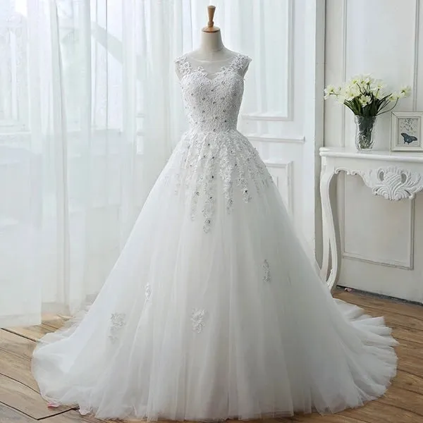 White Tulle Lace Wedding Gowns, Pretty Sweet 16 Dresses, White Prom Dresses