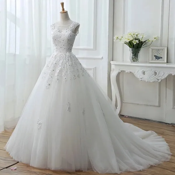 White Tulle Lace Wedding Gowns, Pretty Sweet 16 Dresses, White Prom Dresses