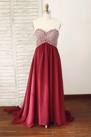 Wine Red Chiffon Beaded Sweetheart Floor Length Formal Dress, Charming Junior Prom Dress