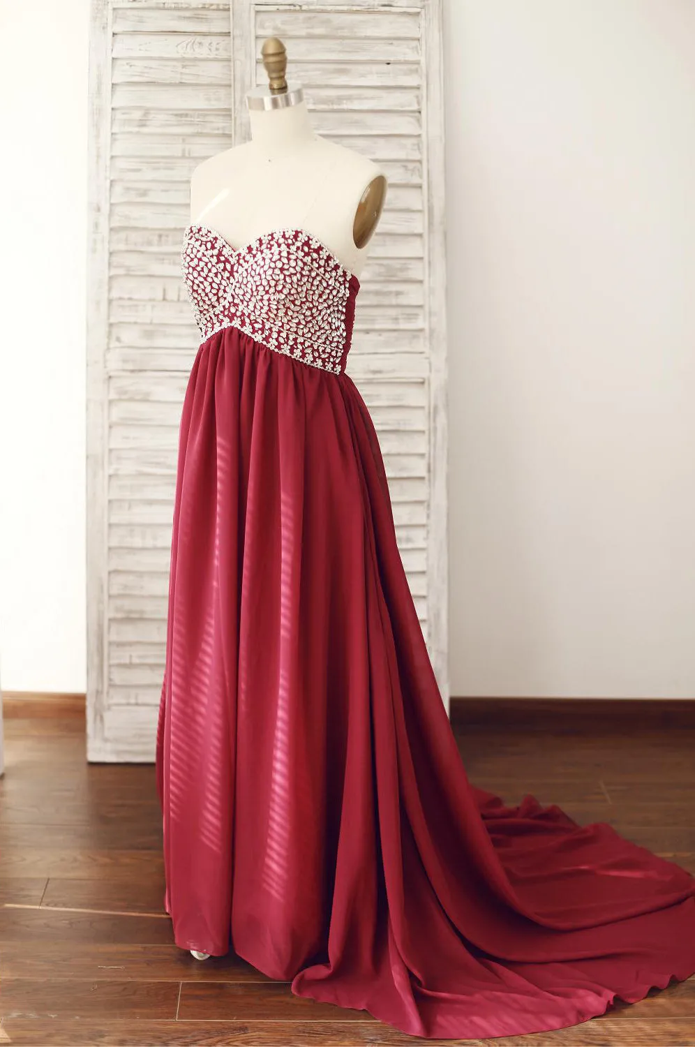 Wine Red Chiffon Beaded Sweetheart Floor Length Formal Dress, Charming Junior Prom Dress