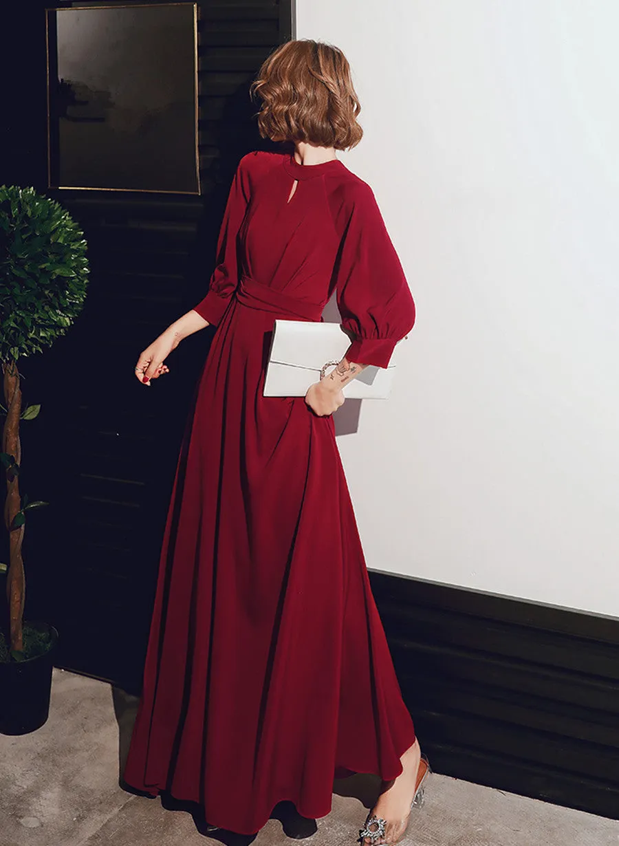 Wine Red Chiffon Long Sleeves Formal Dress, Wine Red Long Prom Dress