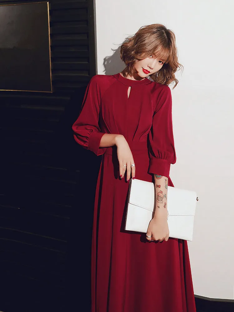 Wine Red Chiffon Long Sleeves Formal Dress, Wine Red Long Prom Dress
