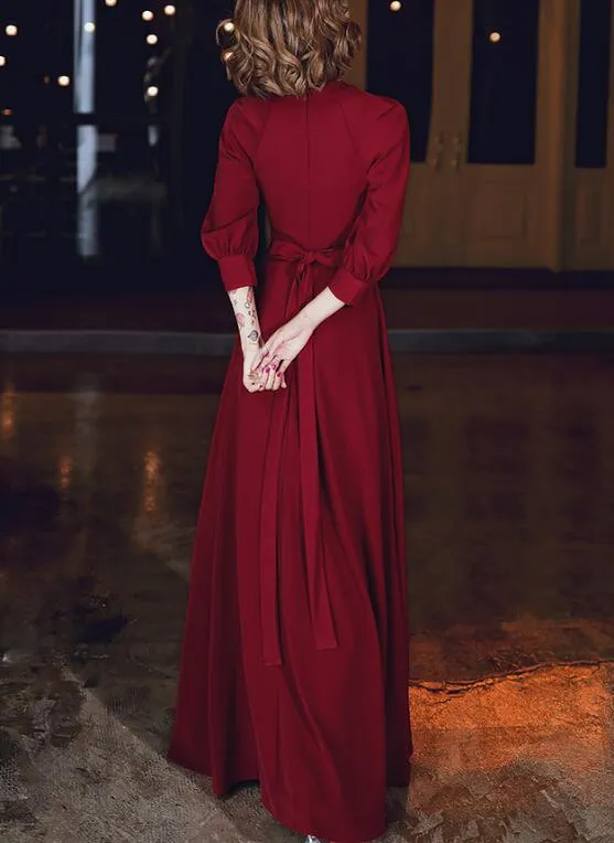 Wine Red Chiffon Long Sleeves Formal Dress, Wine Red Long Prom Dress